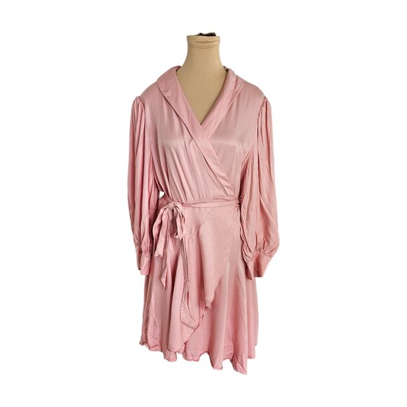 Hudson North Light Pink Ruffle Tie Waist Wrap Dress Puff Sleeve Sz XL - Picture 1 of 9